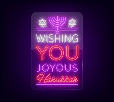 Hanuka Bayramınız kutlu olsun, tebrik kartı neon tarzı. Vektör çizim. Neon ışık saçan metin Chanukah konusunda. Parlak afiş, aydınlık şenlikli işareti. Yahudi tatil. Neon tabela şeffaf cam üzerinde