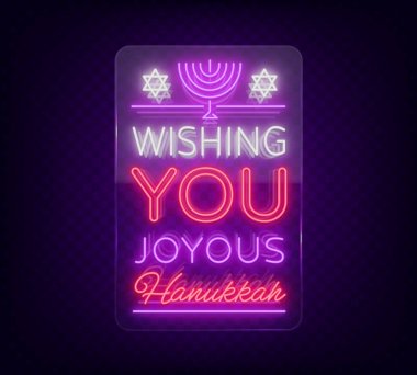 Hanuka Bayramınız kutlu olsun, tebrik kartı neon tarzı. Vektör çizim. Neon ışık saçan metin Chanukah konusunda. Parlak afiş, aydınlık şenlikli işareti. Yahudi tatil. Neon tabela şeffaf cam üzerinde