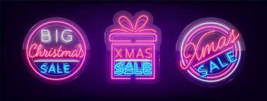 Noel satış iskontoları, neon tarzı kümesi. Neon işaret, parlak poster, aydınlık gece koleksiyonu Noel satış reklam. Vektör çizim. Neon tabela şeffaf cam üzerinde