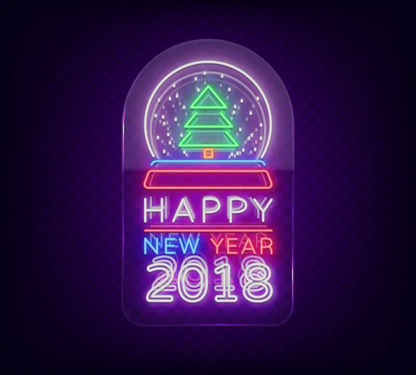 Frohes neues Jahr 2018 ist eine Leuchtreklame. Neon-Symbol für Ihre Neujahrsprojekte, Grußkarten, Flyer, Banner. helles, festliches Schild. Vektorillustration. Leuchtreklame auf transparentem Glas — Stockvektor