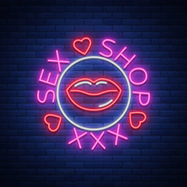 Seks shop logo, amblem neon tarzı. Neon etkisi, bakkal, samimi öğeleri. Vektör çizim. Parlak gece banner, parlak işareti, gece seks reklam Salonu — Stok Vektör