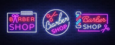 Vektör toplama logolar neon işareti Kuaför Salonu tasarımınız için. Bir etiket, bir işaret, bir işaret ya da bir reklam için. Hipster adam, Kuaför Logo. Neon Pano, brightsign, ışıklı afiş