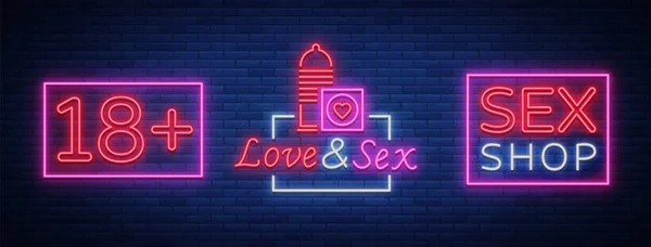 Sex shop set of logos in neon style. Collection of emblems. Neon effect, grocery store, intimate items. Vector illustration. Bright night banner, luminous sign, night sex advertising shop — Stock Vector