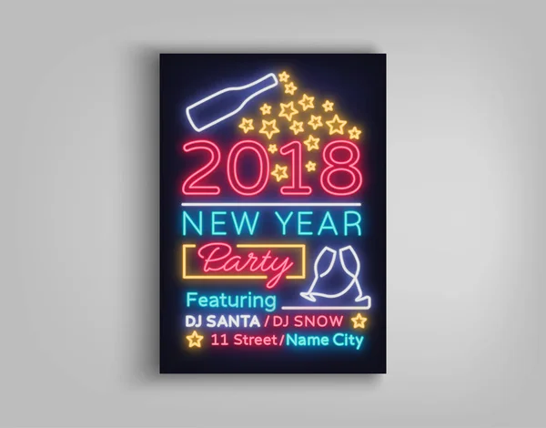 Gott nytt år 2018 affisch vektor Illustration. Neonskylt, lysande banner. Broschyr design i en neon-stil inbjudan mall för den nyårsfest. Vykort, reklamblad, kort, part främjande — Stock vektor