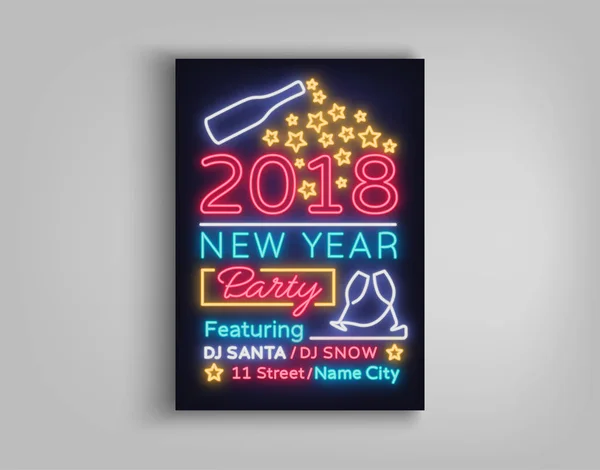 Felice anno nuovo 2018 Manifesto illustrazione vettoriale. Insegna al neon, striscione luminoso. Brochure design in un modello di invito in stile neon per la festa di Capodanno. Cartolina, volantino, cartolina, promozione festa — Vettoriale Stock