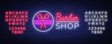 Vektör logo neon işareti Kuaför Salonu tasarımınız için. Bir etiket, bir işaret, bir işaret ya da bir reklam için. Hipster adam, Kuaför Logo. Billboard, ışıklı afiş. Metin neon işareti düzenleme