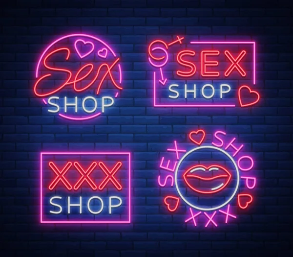 Collection logo Sex shop, night sign in neon style. Neon sign, a symbol for sex shop promotion. Adult Store. Bright banner, nightly advertising. Vector Illustration — Stock Vector