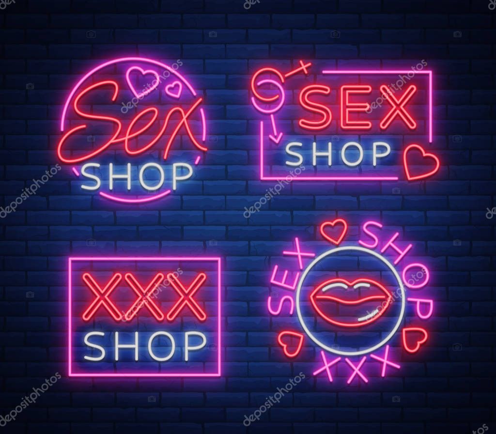 Collection logo Sex shop, night sign in neon style. Neon sign, a symbol for sex shop promotion ...