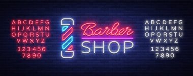 Vektör logo neon işareti Kuaför Salonu tasarımınız için. Bir etiket, bir işaret, bir işaret ya da bir reklam için. Hipster adam, Kuaför Logo. Billboard, ışıklı afiş. Metin neon işareti düzenleme