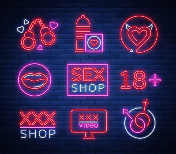 Sex shop ensemble de logos, signes, symboles dans le style néon. Collection d'emblèmes. Magasinez pour adultes, des choses intimes. Illustration vectorielle. Bannière lumineuse de nuit, signe lumineux, magasin de publicité de sexe de nuit — Image vectorielle