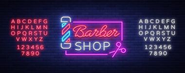 Berber Dükkanı logo neon tabela, logo tasarım öğeleri. Bir üstbilgi veya şablon olarak kullanılabilir logolar, etiketleri, kartları için. Neon tabela, parlak ışık. Vektör çizim. Metin neon işareti düzenleme