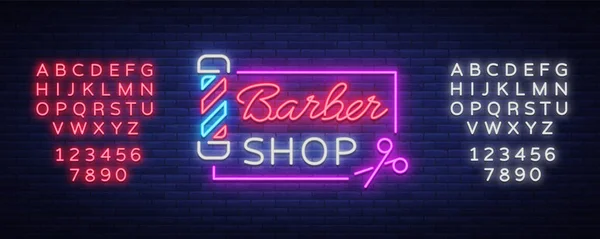 Berber Dükkanı logo neon tabela, logo tasarım öğeleri. Bir üstbilgi veya şablon olarak kullanılabilir logolar, etiketleri, kartları için. Neon tabela, parlak ışık. Vektör çizim. Metin neon işareti düzenleme