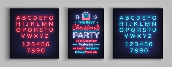 Weihnachtsfeier vektorvorlage broschüre. Das Design der Weihnachtskarte ist im Neon-Stil gestaltet. Neonbanner, leuchtende Werbung für Ihre Weihnachtsprojekte. Bearbeiten von Text-Leuchtreklame. Neon-Alphabet — Stockvektor