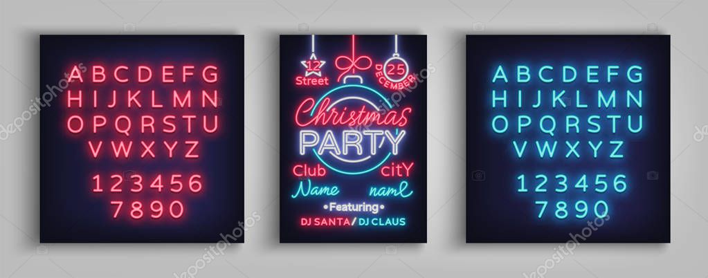 Christmas party vector template brochure. Christmas card design is designed in neon style. Neon banner, bright luminous advertising for your Christmas projects. Editing text neon sign. Neon alphabet.