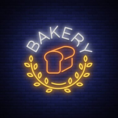 Fırın logo neon işarettir. Taze hamur işleri vektör Illustration üstünde belgili tanımlık konu. Neon sembolü, parlak billboard, reklam ekmek parlayan gece