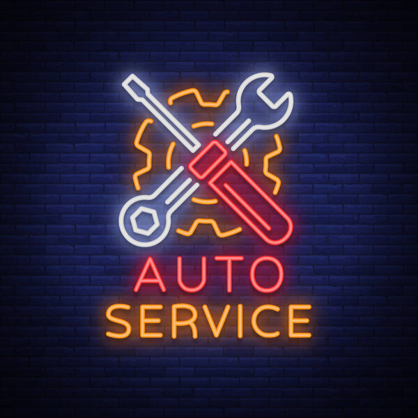 Car service repair logo vector, neon sign emblem. Vector illustration, car repair, shiny signboard for garage for auto repair. A flaming banner, a nightly bright signboard ad for your projects