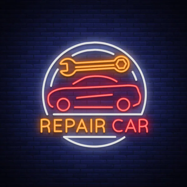 Vettore logo riparazione auto service, emblema segno al neon. Illustrazione vettoriale, riparazione auto, cartello lucido per garage per la riparazione auto. Uno striscione fiammeggiante, un cartello pubblicitario luminoso per i tuoi progetti — Vettoriale Stock