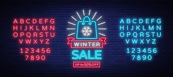 Winter sale of a poster in neon style. Neon sign, bright flyer, glowing banner, night neon advertising on the theme of winter holiday discounts and sales. Vector illustration. Editing text neon sign — Stock Vector