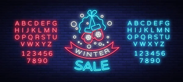 Winter sale of a poster in neon style. Neon sign, bright flyer, glowing banner, night neon advertising on the theme of winter holiday discounts and sales. Vector illustration. Editing text neon sign — Stock Vector