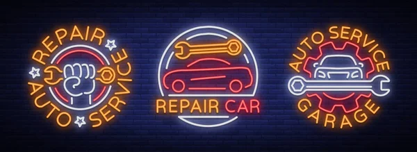 Il servizio auto ripara una serie di loghi vettoriali, un emblema al neon. Illustrazione vettoriale, riparazione auto, cartello lucido per garage per la riparazione auto. Notte luminoso cartello pubblicitario per i vostri progetti — Vettoriale Stock