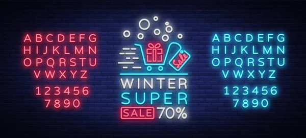 Banner de ventas de invierno en estilo neón. Ilustración vectorial sobre descuentos y ventas de invierno, año nuevo y Navidad. Signo de neón, signo brillante, publicidad, postal, póster de neón. Edición de texto signo de neón — Archivo Imágenes Vectoriales