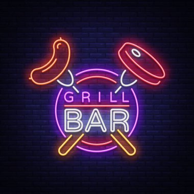 Logo neon tarzı ızgara. Vektör çizimi Tema gıda, et aynı. Neon tabela, parlak sembol, Grill bar, Restoran, snack bar, yemek odası. Barbekü partisi. Gece parlak reklam