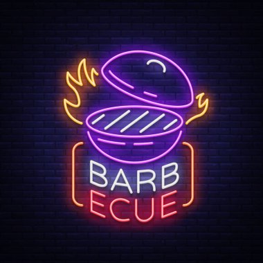 Barbekü logo vektör. Neon işaret, sembol, parlak reklam gece barbekü, ızgara, kızartma et, Izgara Restoran bar,. Parlak neon afiş, projeleriniz için aydınlık billboard