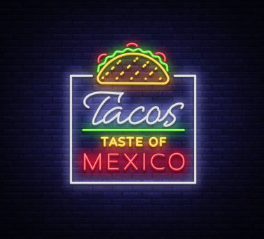 Taco logo vektör. Neon tabela Meksika gıda, Tacos, sokak gıda, fast food snack. Parlak neon reklam panoları, yemek, her gece reklamlar tacos, Meksika yemeği, kafeler, restoranlar, parlayan snack yemek çubukları