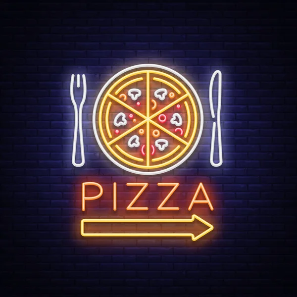 Pizza néon signe vecteur. Logo néon Pizzeria, emblème. Neon publicité sur le sujet de pizza café, restaurant, salle à manger, snack-bar, bar. Panneau d'affichage lumineux de nuit, bannière brillante. Illustration vectorielle — Image vectorielle