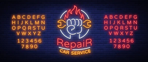 Vettore logo riparazione auto service, emblema segno al neon. Illustrazione vettoriale, riparazione auto, cartello lucido per garage per la riparazione auto. Uno striscione fiammeggiante, un cartello luminoso di notte. Modifica testo neon segno — Vettoriale Stock