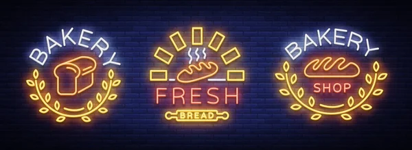 Αρτοποιείο σετ λογότυπο, φρέσκο ψωμί, φραντζόλα. Εικονογράφηση φορέα στην Αρτοποιία, μαγειρική, ζαχαροπλαστική. Φυσικά το ψήσιμο. Συλλογή από πινακίδες νέον, ζωντανή διαφήμιση, φωτεινό σύμβολο — Διανυσματικό Αρχείο