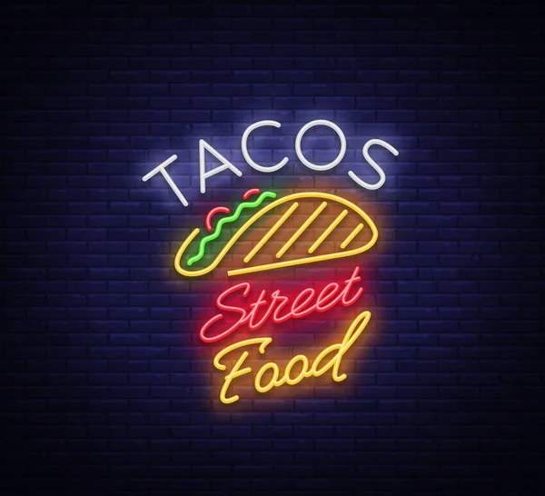 Logo taco dalam gaya neon. Tanda neon, simbol, papan iklan yang terang, iklan malam dari makanan Meksiko Taco. Makanan jalanan Meksiko, makanan cepat saji. Vektor ilustrasi untuk proyek Anda, restoran, kafe - Stok Vektor