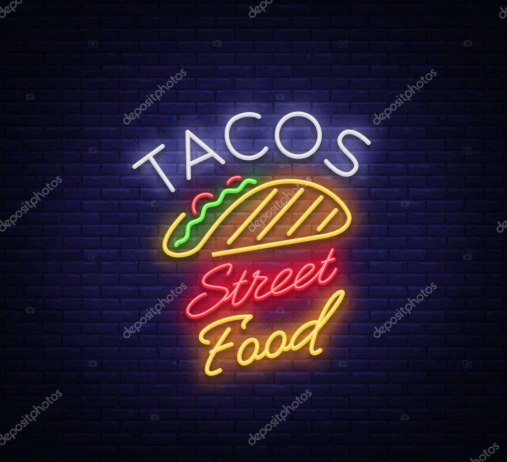 Tacos logo in neon style. Neon sign, symbol, bright billboard, nightly advertising of Mexican food Taco. Mexican street food, fast food. Vector illustration for your projects, restaurant, cafe.