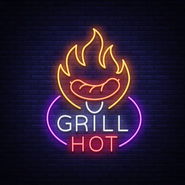 Grill-logotypen i neon stil. Vektor illustration på temat mat, kött av samma. Neonskylt, ljusa symbol, grillbar, restaurang, snackbar, matsalen. BBQ part. Ljusa natten annons — Stock vektor