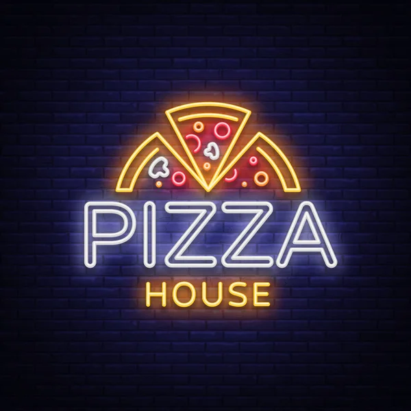 Pizza logo emblem neon sign. Logo in neon style, bright neon sign with Italian food promotion, pizzeria, snack, cafe, bar, restaurant. Pizza delivery, fast pizza, shining banner. Vector illustration. — Stock Vector