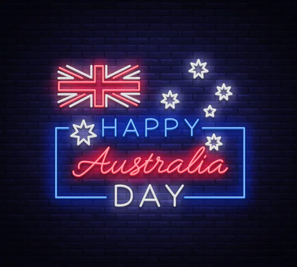 Felice Australia Day il 26 gennaio sfondo festivo con bandiera in stile neon. Insegna al neon, nastro con colori nazionali. Layout del modello per carta, banner, poster, volantino, carta. Illustrazione vettoriale — Vettoriale Stock