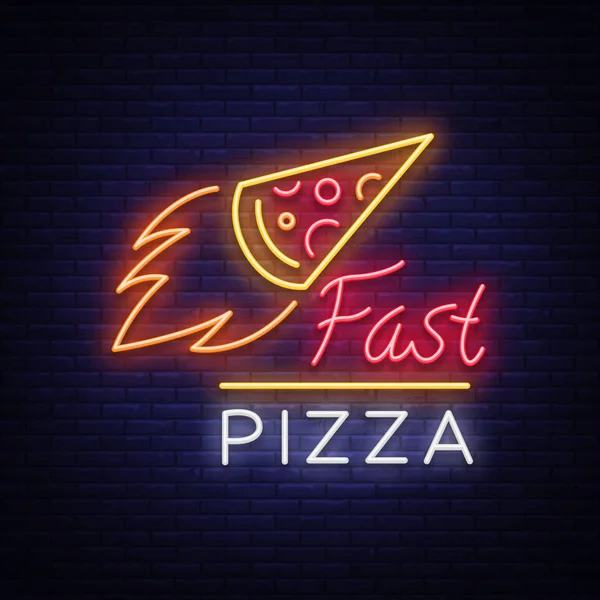 Pizza logo emblème néon signe. Logo en style néon, enseigne lumineuse au néon avec promotion de la nourriture italienne, pizzeria, snack, café, bar, restaurant. Livraison de pizza, pizza rapide, bannière brillante. Illustration vectorielle . — Image vectorielle