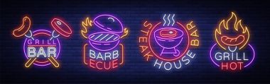 Izgara neon tarzı logoları bir kümesidir. Vektör çizimi Tema gıda, et aynı. Neon işaret, Grill bar, Restoran, snack bar, yemek odası koleksiyonu. Barbekü, et lokantası