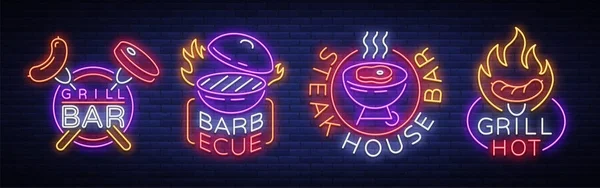 Gril je sada neon styl loga. Vektorové ilustrace na téma jídlo, samé maso. Sbírka neony, gril bar, restaurace, snack bar, jídelna. Gril, Steak House — Stockový vektor