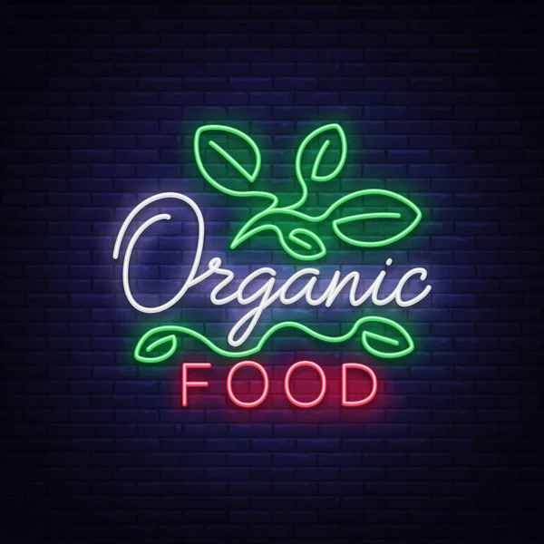 Logo Vegan in stile neon. Simbolo al neon, luminoso cartello luminoso, pubblicità notturna al neon sul tema del cibo vegetariano, cibo biologico sano, verdure, frutta, caffè vegetariani. Illustrazione vettoriale — Vettoriale Stock