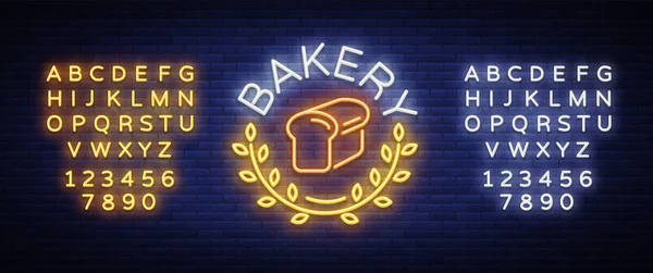 Логотип пекарни неоновый знак. Векторная иллюстрация на тему свежей выпечки. Неоновый символ, яркий рекламный щит, ночная реклама хлебобулочные изделия. Редактирование неонового знака текста. Неоновый алфавит — стоковый вектор