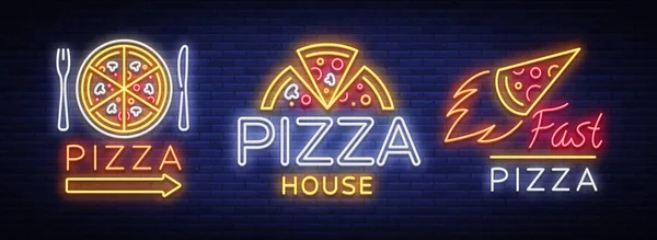 Pizza uppsättning logotyper, emblem, neonskyltar. Samling av logotyper i neon stil, ljust neon skylt reklam mat italienska, Pizza, förrätt, café, bar och restaurang. Vektorillustration — Stock vektor