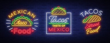 Taco neon tarzı logoları ayarlayın. Neon işaretler, semboller, parlak billboard, her gece Meksika yemeği Tako reklam topluluğu. Projeler, kafeterya, Restoran için vektör çizim