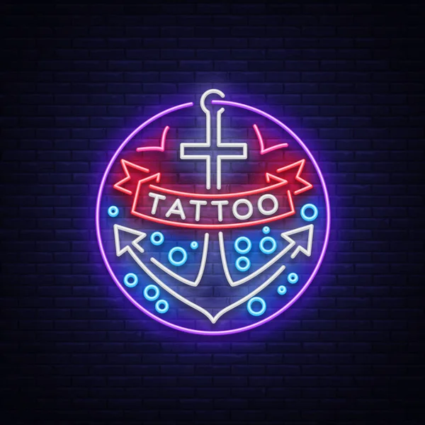 Tätowiersalon-Logo im Neon-Stil. Leuchtreklame, Emblem, Ankersymbol mit Band, Leuchtwerbetafel, Leuchtreklame zum Thema Tätowierung, für Tätowiersalon, Studio. Vektorillustration — Stockvektor