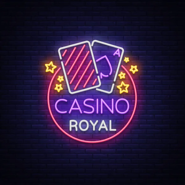 Casino Royal Neon Sign. Logo néon, emblème du jeu, bannière lumineuse, publicité de casino néon pour vos projets. Panneau publicitaire de lumière de nuit, élément de conception. Illustration vectorielle — Image vectorielle