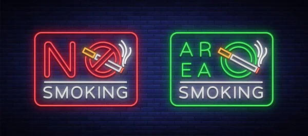 Куріння і відсутність векторних неонових знаків. Неоновий символ, яскравий знак це місце для куріння. Неонова ознака заборони куріння. Яскравий знак, яскравий банер — стоковий вектор