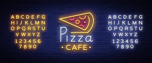 Pizza logo w stylu neon. Neon znak, emblemat na włoskie jedzenie. Pizza café, restauracja, fast food, jadalnia, pizzeria. Błyszczący ogłoszenie pizza w nocy. Ilustracja wektorowa. Edycja tekstu neon znak — Wektor stockowy