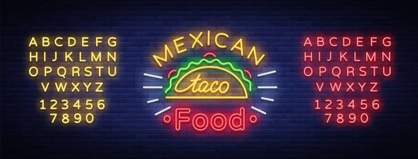 Tacos logo in neon style. Neon sign, bright billboard, nightly advertising of Mexican food Taco. Mexican street food. Vector illustration for your projects, restaurant, cafe. Editing text neon sign — Stock Vector