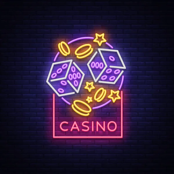 Casino är en neonskylt. Neon logotyp, emblem hasardspel, ljusa banner, neon casino reklam för dina projekt. Natt ljus billboard, designelement. Vektorillustration — Stock vektor