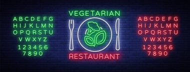 Vejetaryen Restoran logosunu görmeniz gerekir. Neon işareti vejetaryen sembolü, parlak parlak işareti, neon reklam, Vejetaryen Gıda, sağlıklı organik gıda, sebze, meyve. Vektör çizim. Metin neon işareti düzenleme